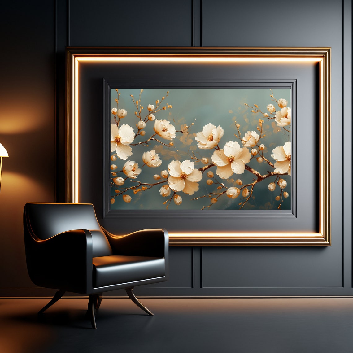 White Blossoms On Sage Green Branch Floral Wall Decor Poster - Image 2