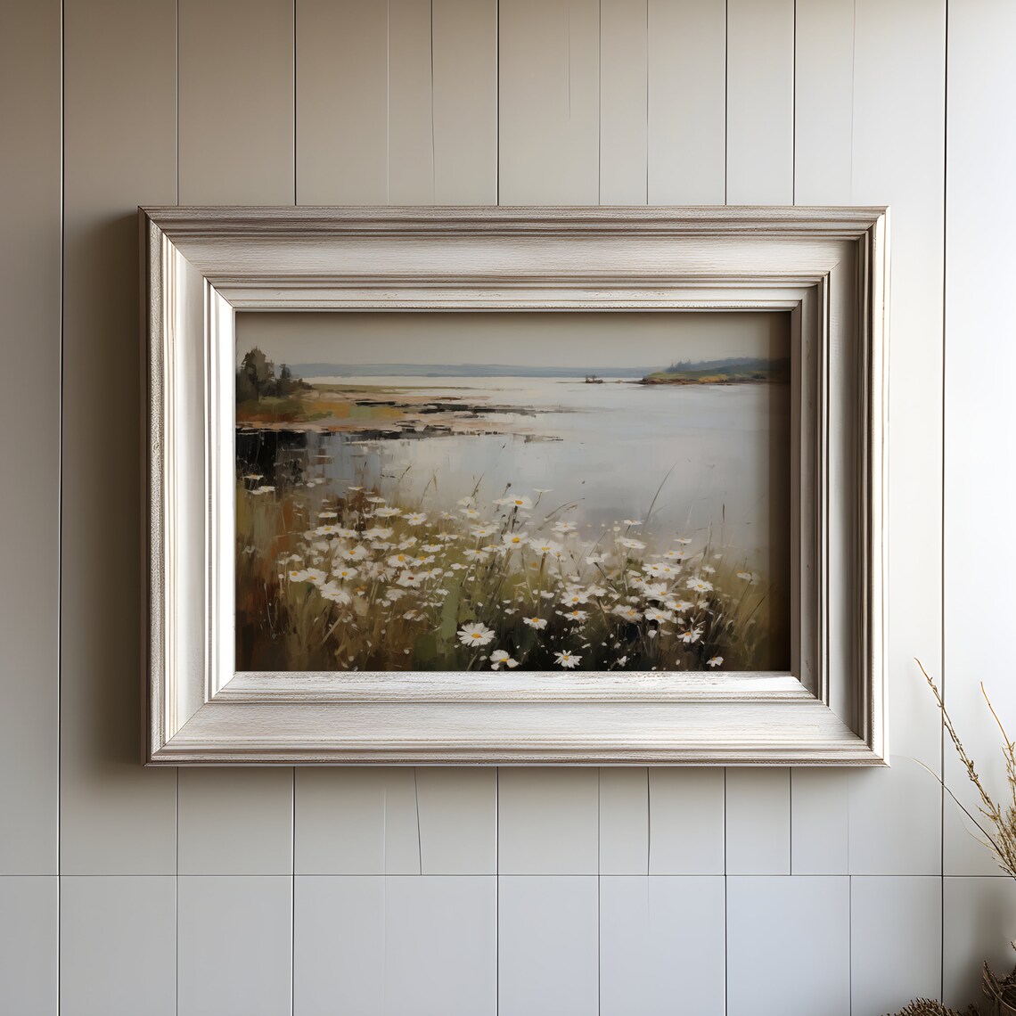Coastal Daisies Calm Water Lake Misty White Wildflower Art Print - Image 3