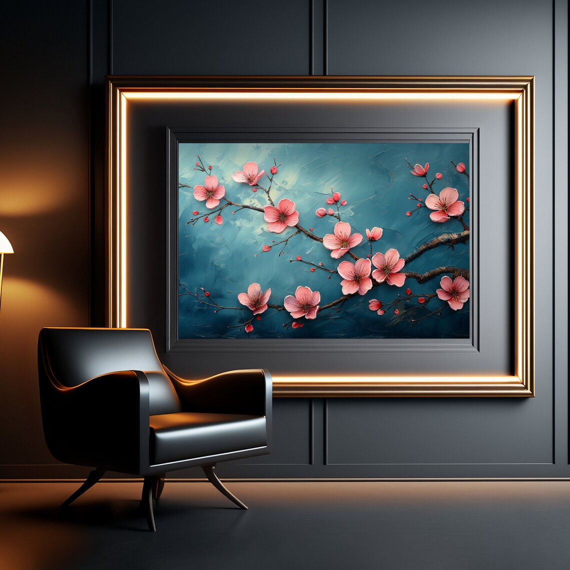 Blush Pink Blossom Branch Teal Blue Floral Art Painting Poster - Image 3