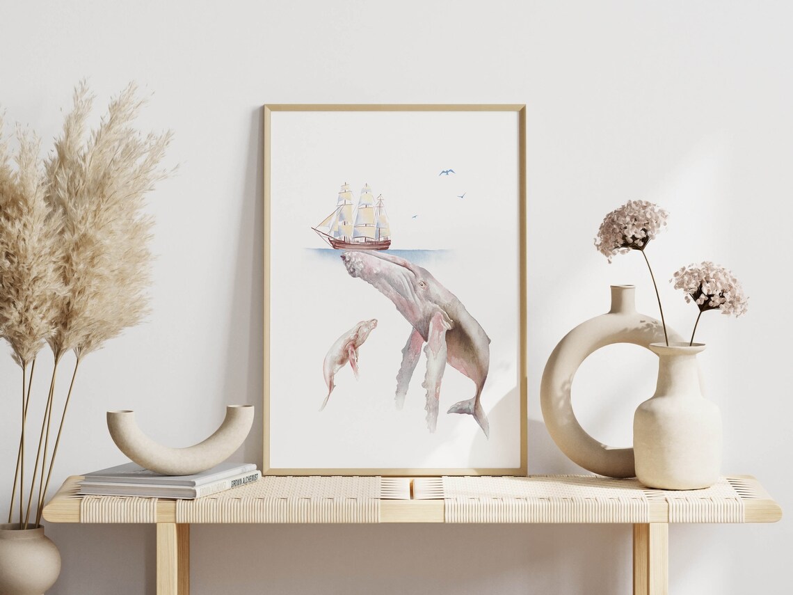 Whale Mom And Baby Watercolor Nursery Art Print - Image 2