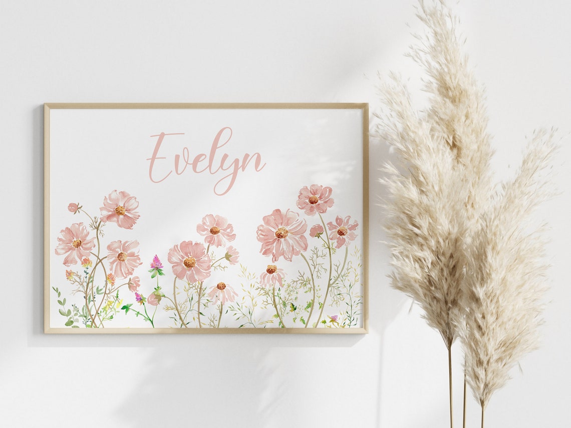 Personalized Wildflower Name Nursery Poster with Pink Cosmos Blooms - Image 2