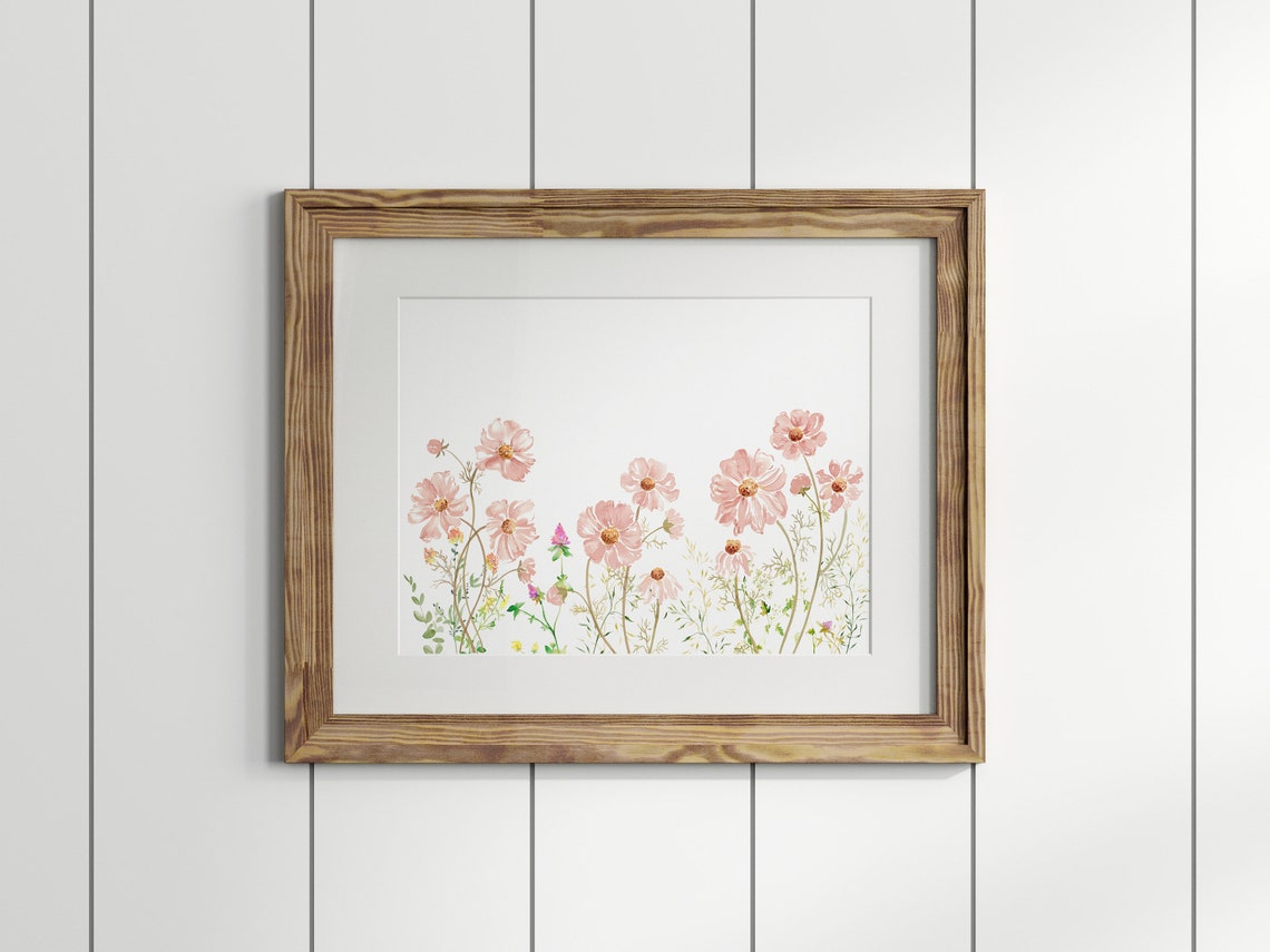 Blush Pink Cosmos Wildflowers Horizontal Watercolor Art Print - Image 2
