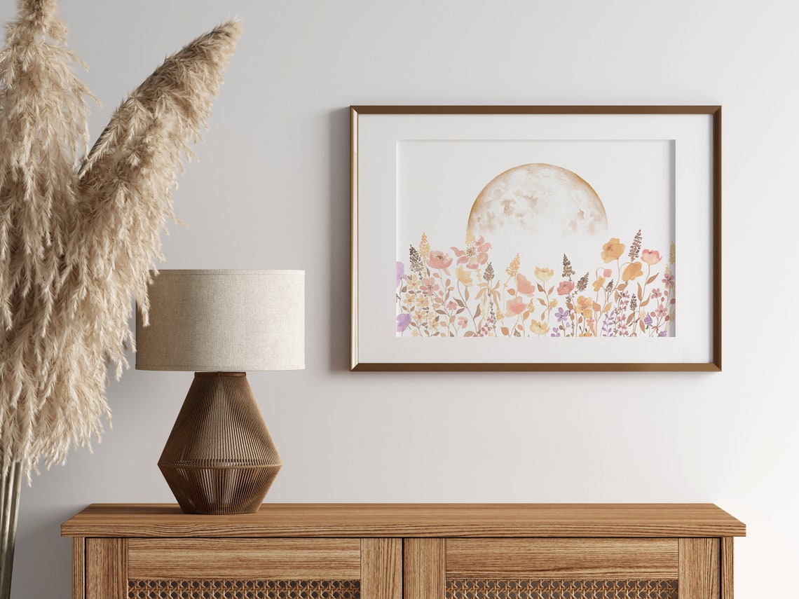 Dreamy Boho Wildflower Meadow Under Moon Watercolor Wall Art - Image 2