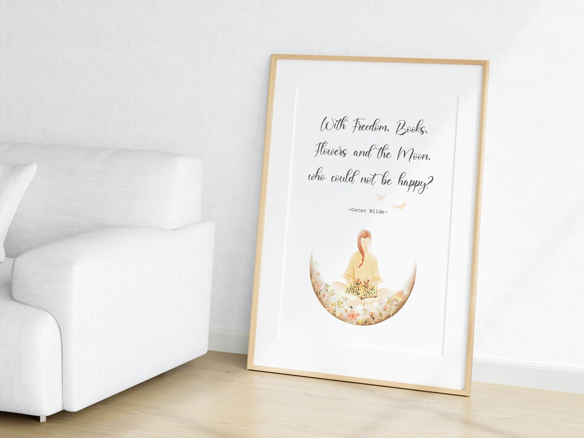 Oscar Wilde Freedom Books Flowers Moon Quote With Reading Girl Poster - Image 3