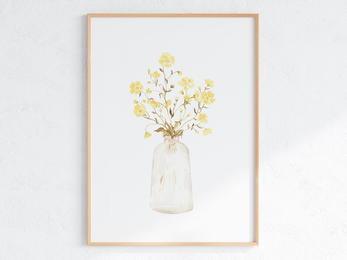 Yellow Buttercup Bouquet Glass Vase Minimalist Watercolor Poster