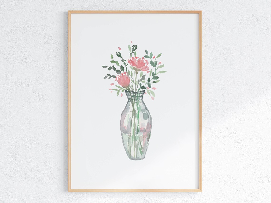 Pink Blossom Bouquet in Glass Vase Soft Watercolor Floral Poster