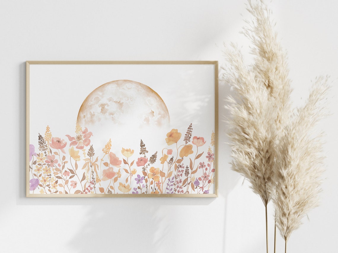 Dreamy Boho Wildflower Meadow Under Moon Watercolor Wall Art