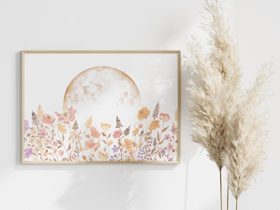 Dreamy Boho Wildflower Meadow Under Moon Watercolor Wall Art