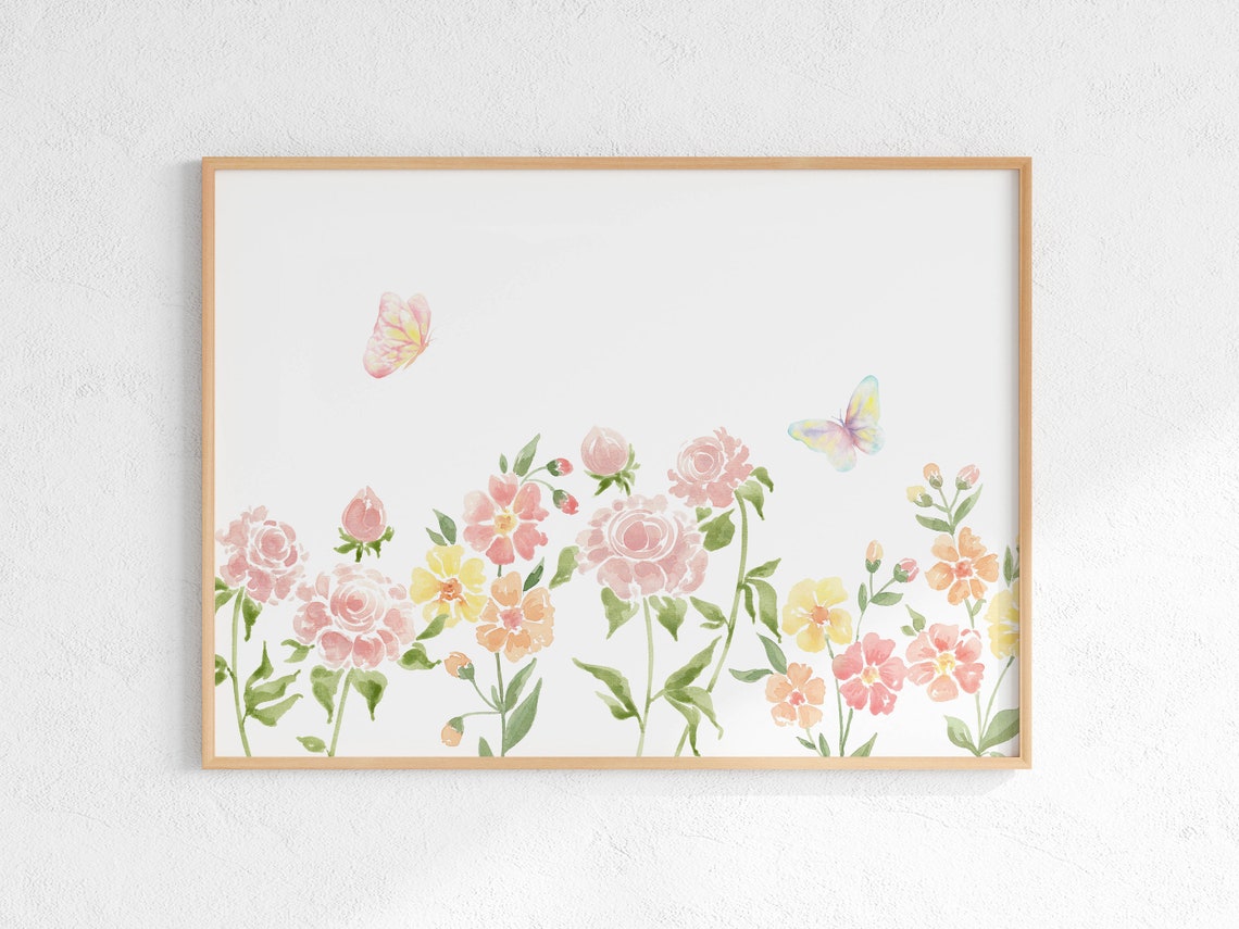 Flowers With Butterflies Print Horizontal Floral Watercolor Botanical Poster - Image 2