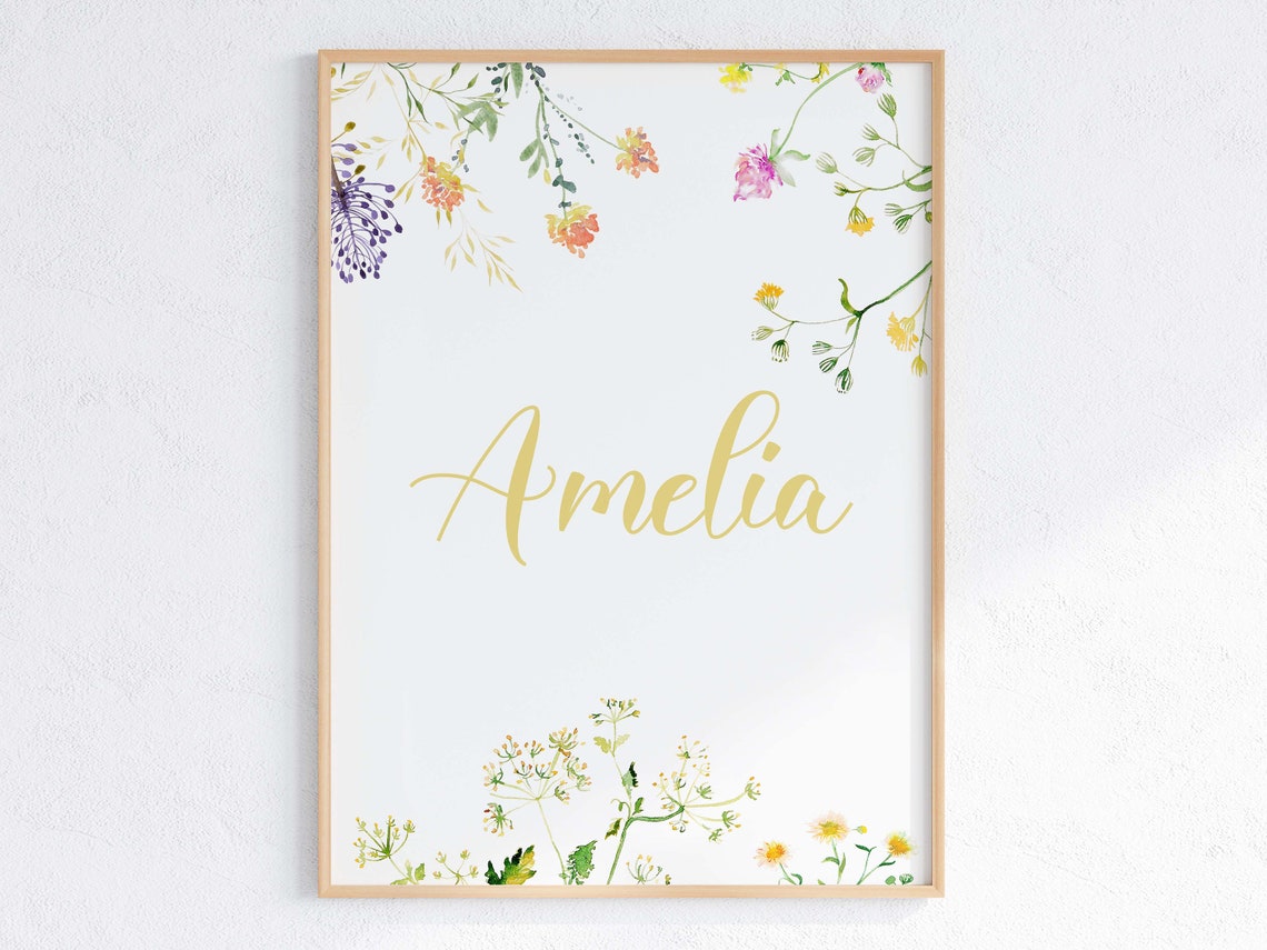 Personalized Floral Name Nursery Wildflower Watercolor Sign Poster