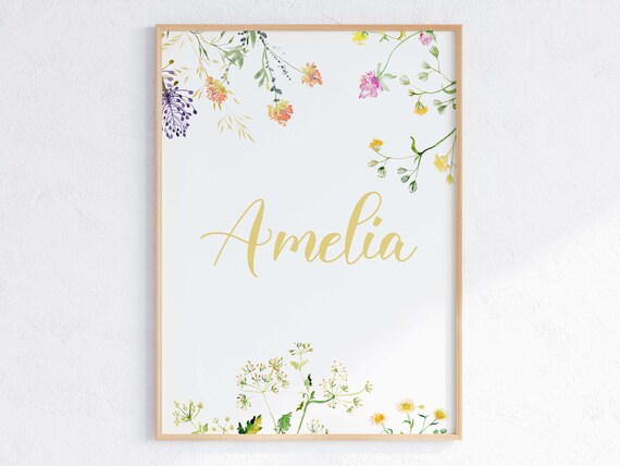 Personalized Floral Name Nursery Wildflower Watercolor Sign Poster