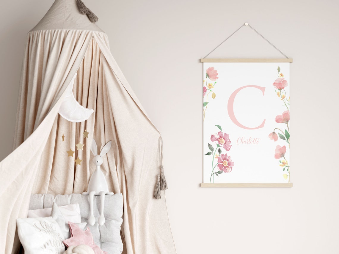 Personalized Floral Initial Watercolor Nursery Name Art Print - Image 2