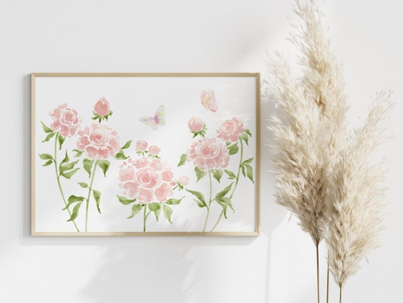 Peonies Watercolor Print Pink Flowers With Butterflies Wall Art Horizontal Poster