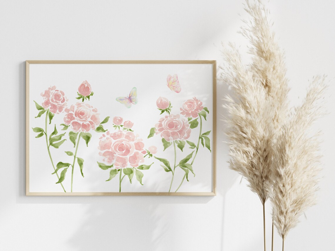 Pink Peonies Watercolor with Butterflies Horizontal Floral Poster