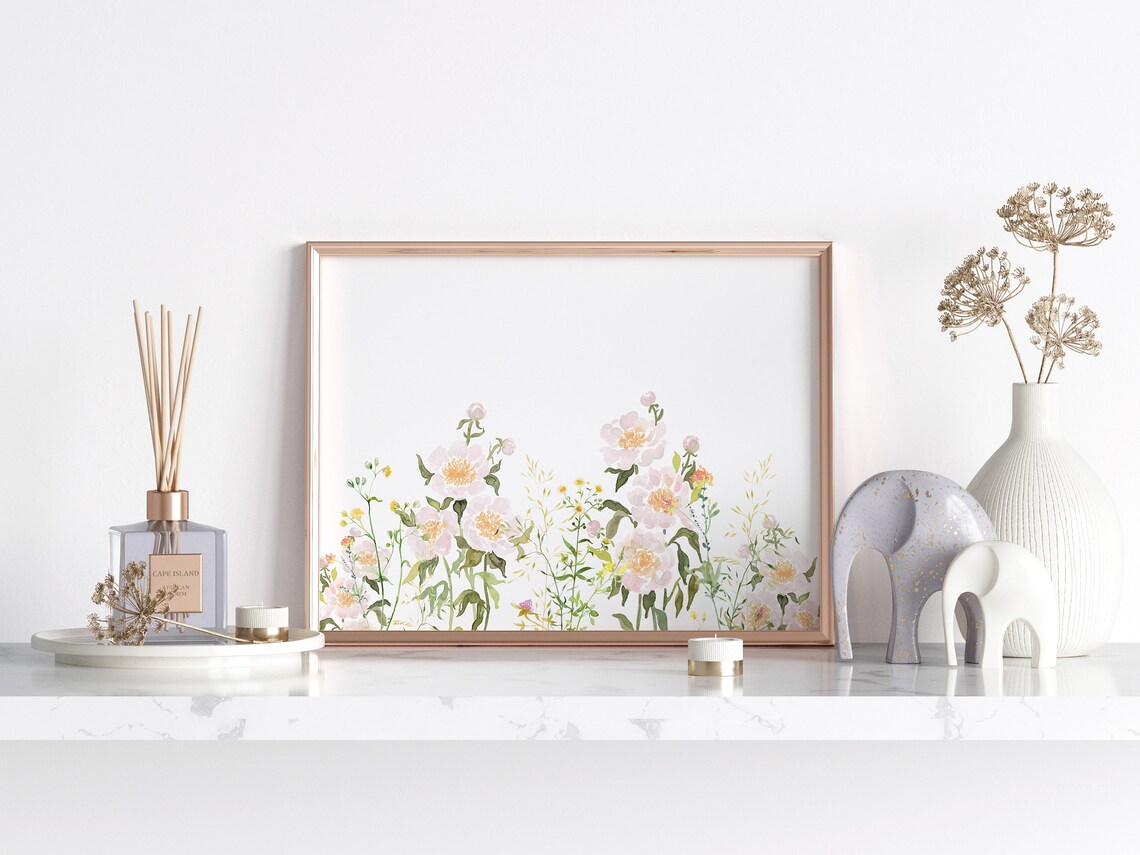Blush Pink Peony Meadow Watercolor Floral Arrangement Wall Art - Image 3