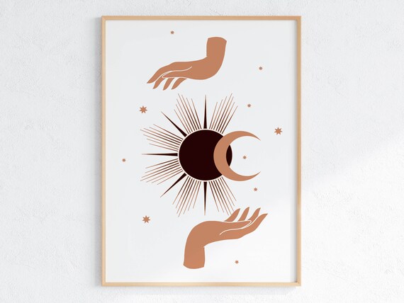 Mystical Boho Hands Holding Sun and Moon Celestial Line Art Poster