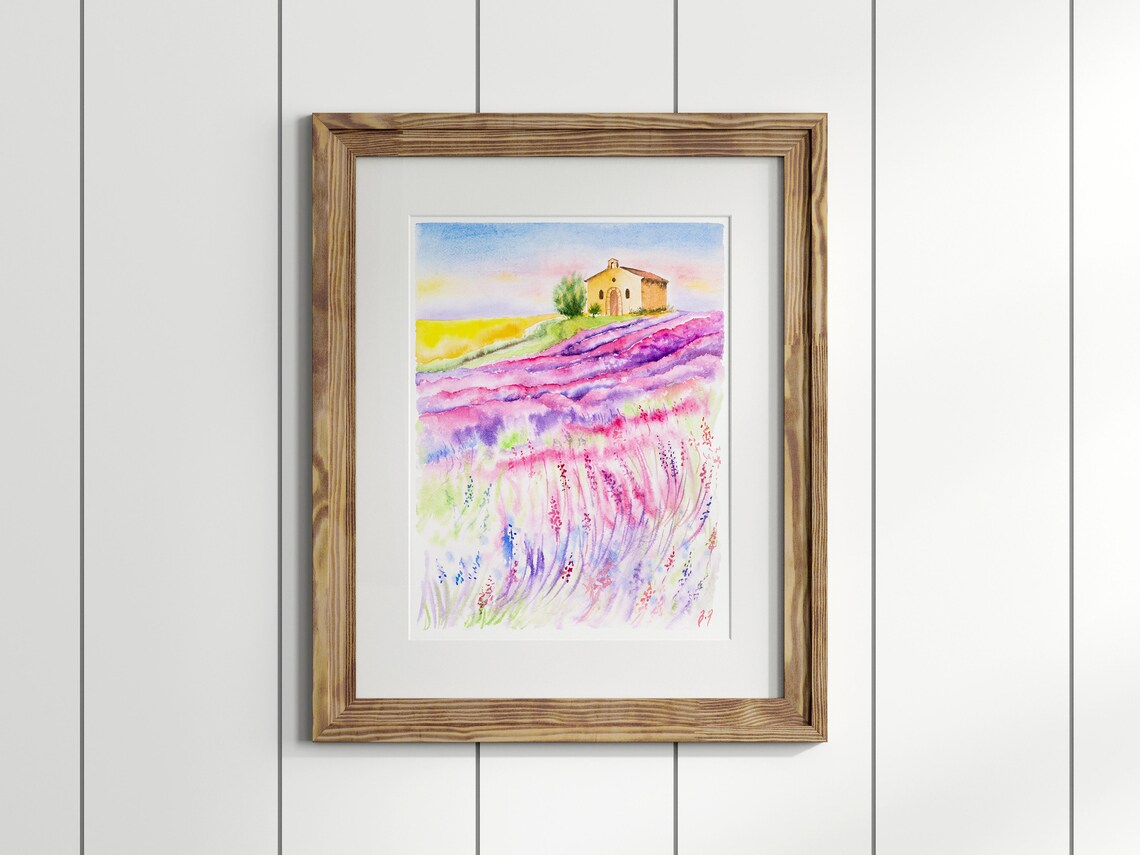 Lavender Field Farmhouse Hilltop Watercolor Landscape Travel Poster