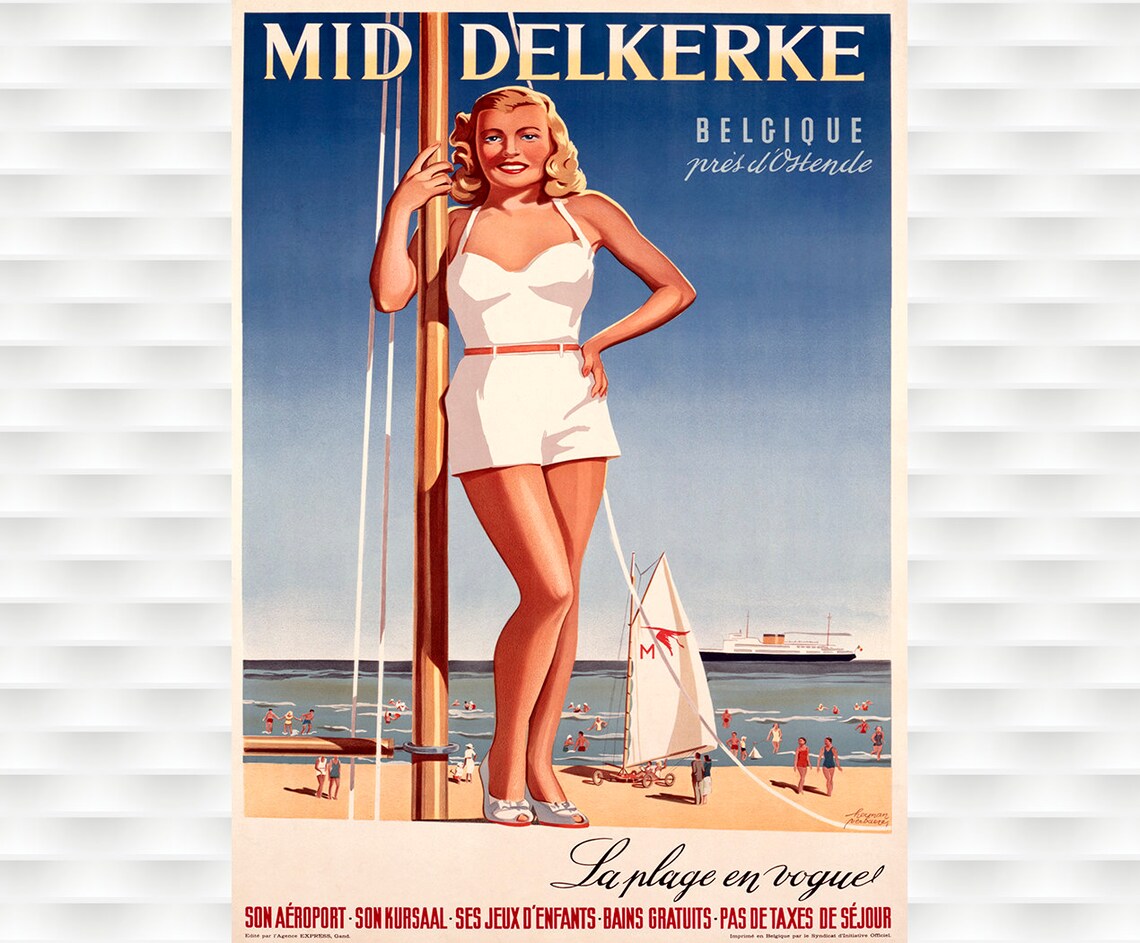 Mid Delkerke Belgium Beach Pin Up Vintage Seaside Travel Poster