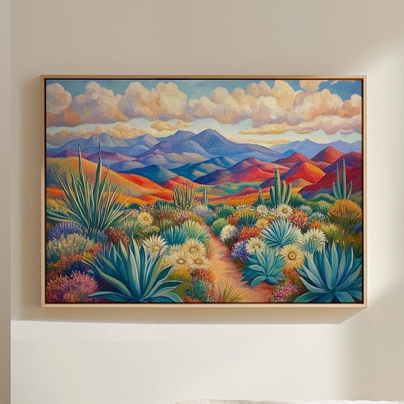 Vibrant Desert Landscape Painting Style Print With Colorful Cacti And Mountains Southwest Wall Art For Nature Inspired Decor