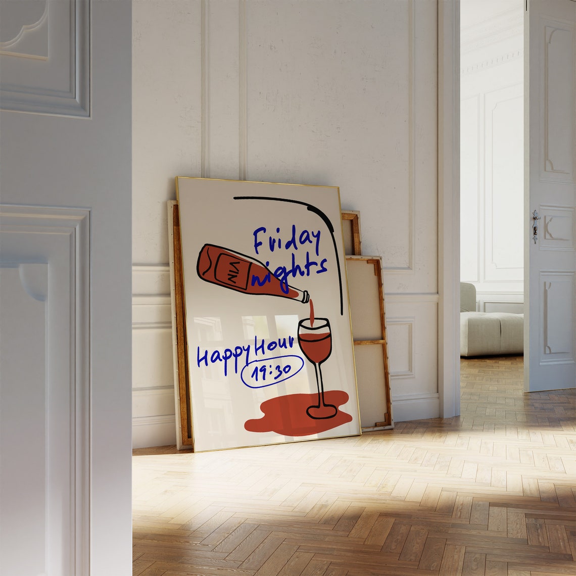 Friday Nights Happy Hour 19:30 Red Wine Sketch Kitchen Fun Poster - Image 3