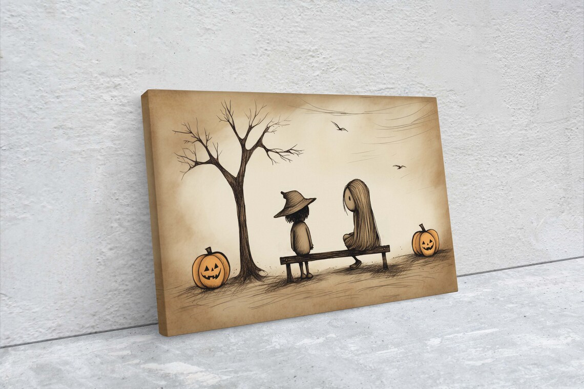 Two Kids Bench Jack O Lanterns Spooky Tree Sepia Halloween Art Poster - Image 2