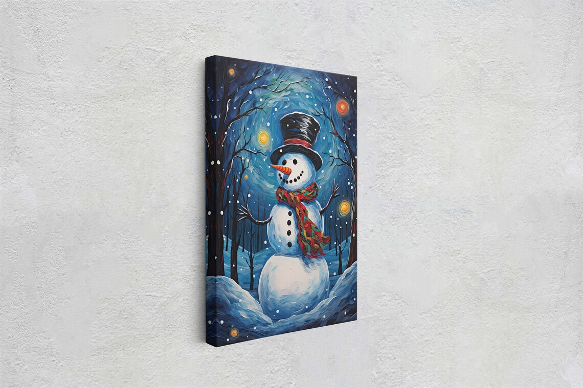 Starry Night Snowman Top Hat Red Scarf Snowfall Winter Art Poster - Image 2
