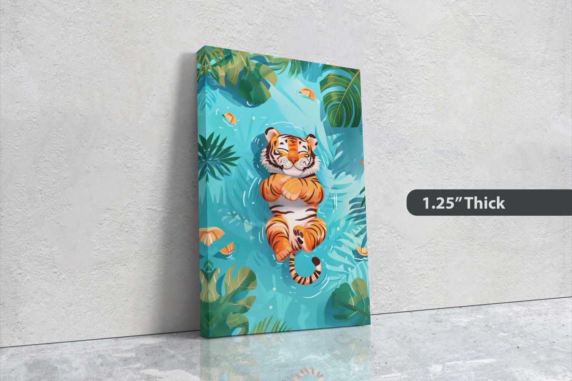 Sleeping Baby Tiger Floating on Back in Blue Lagoon Nursery Art Print - Image 2