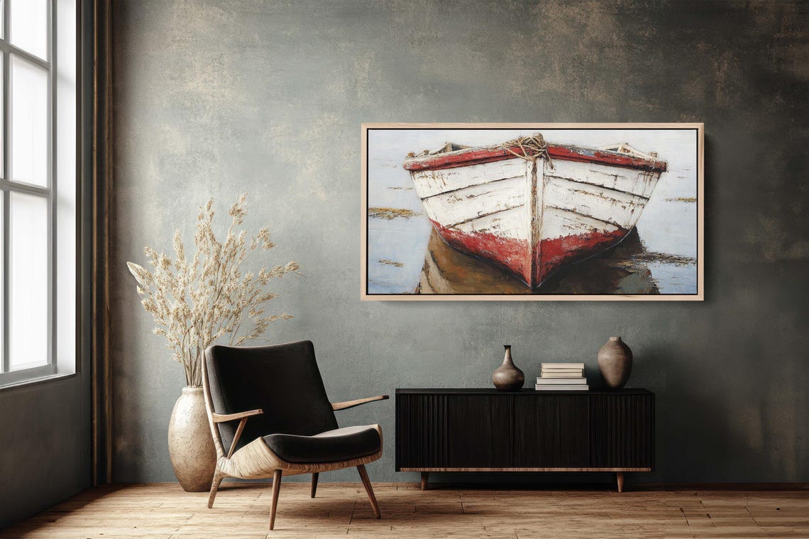 Weathered Red And White Rowboat Bow Nautical Coastal Art Poster - Image 2