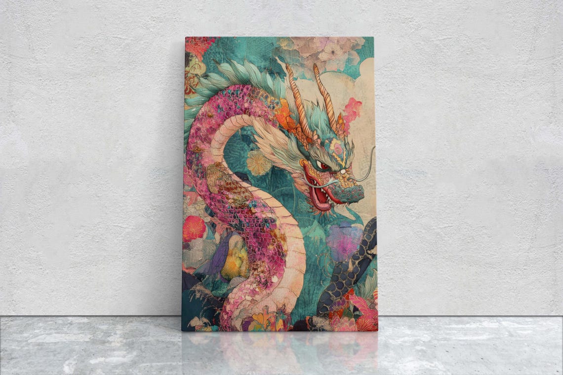 Japanese Dragon Coiled Pink Scales Teal Floral Pattern Art Poster - Image 3