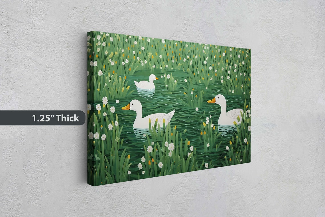 Three White Ducks Swimming Green Pond Reeds Flowers Art Poster - Image 3