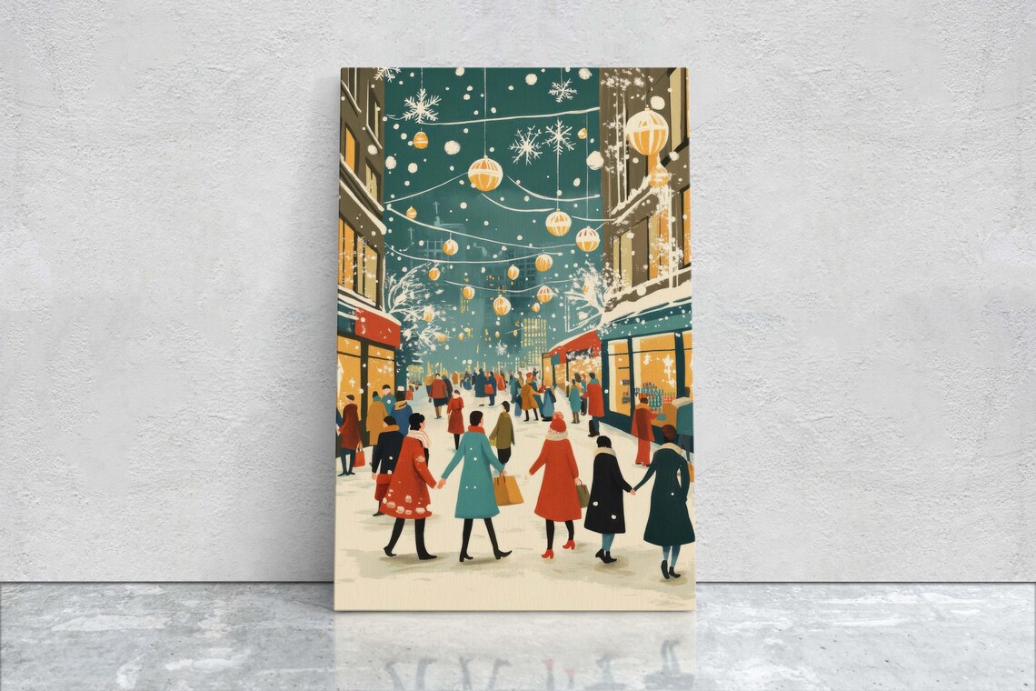 Vintage Christmas Shopping Street Snowy Winter Village Scene Poster - Image 2
