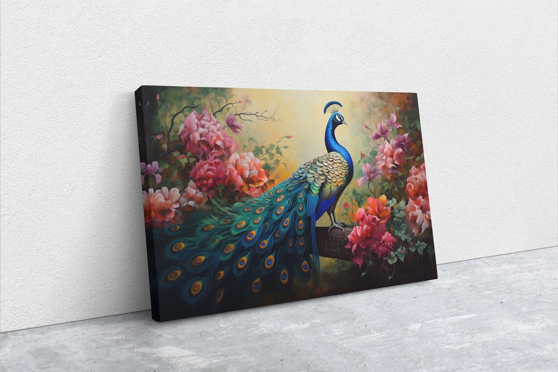 Majestic Peacock Blue Neck Golden Glow Pink Blossoms Bird Art Poster - Image 2