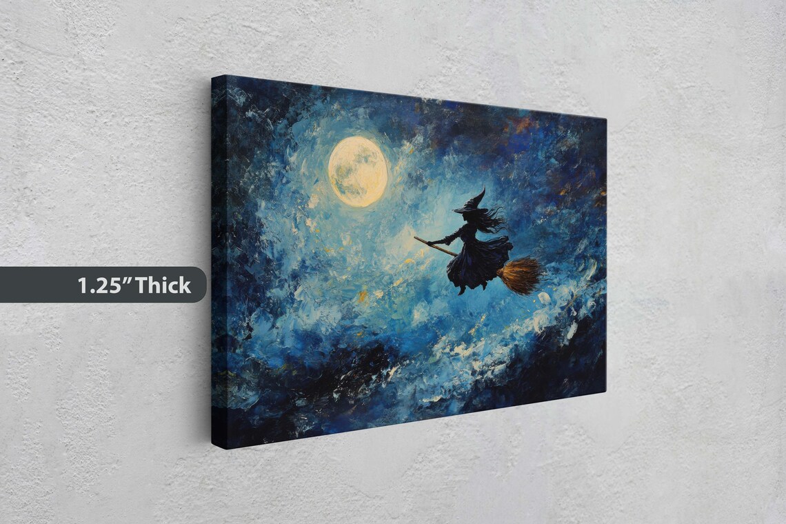 Flying Witch On Broomstick, Whimsical Halloween Art - Image 3