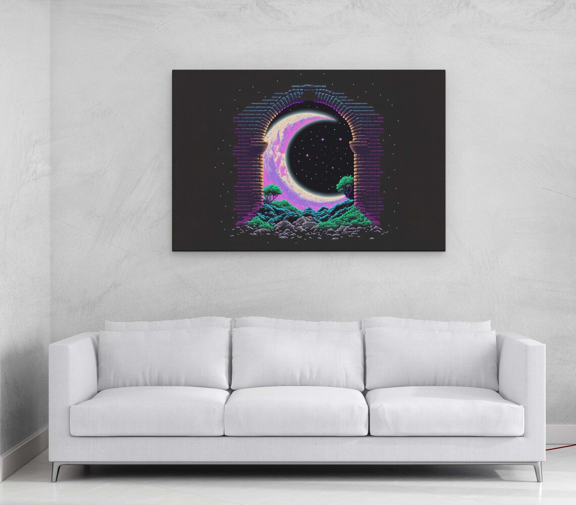 Crescent Moon Through Stone Arch Night Stars Pixel Fantasy Art Poster - Image 3