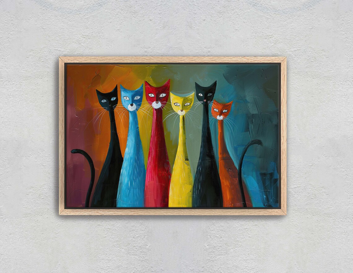 Six Colorful Cats Abstract Orange Teal Gradient Background Art Poster - Image 2
