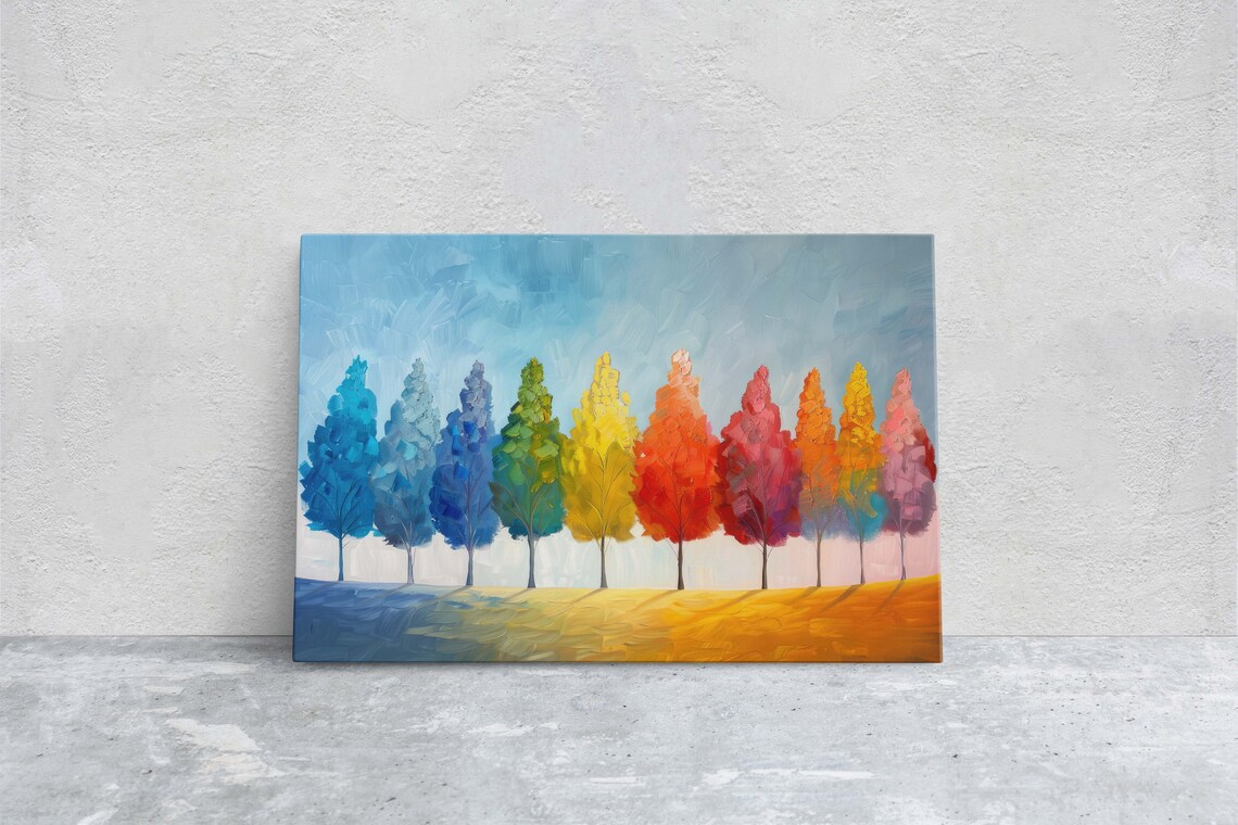 Colorful Trees Row Blue Yellow Red Seasons Modern Landscape Art Poster - Image 3