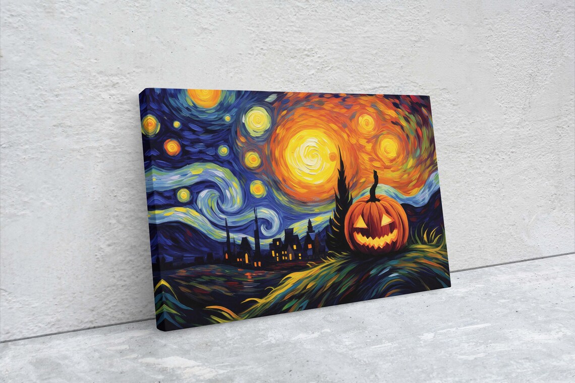 Starry Night Pumpkin on Jack O Lantern, Halloween Art - Image 2