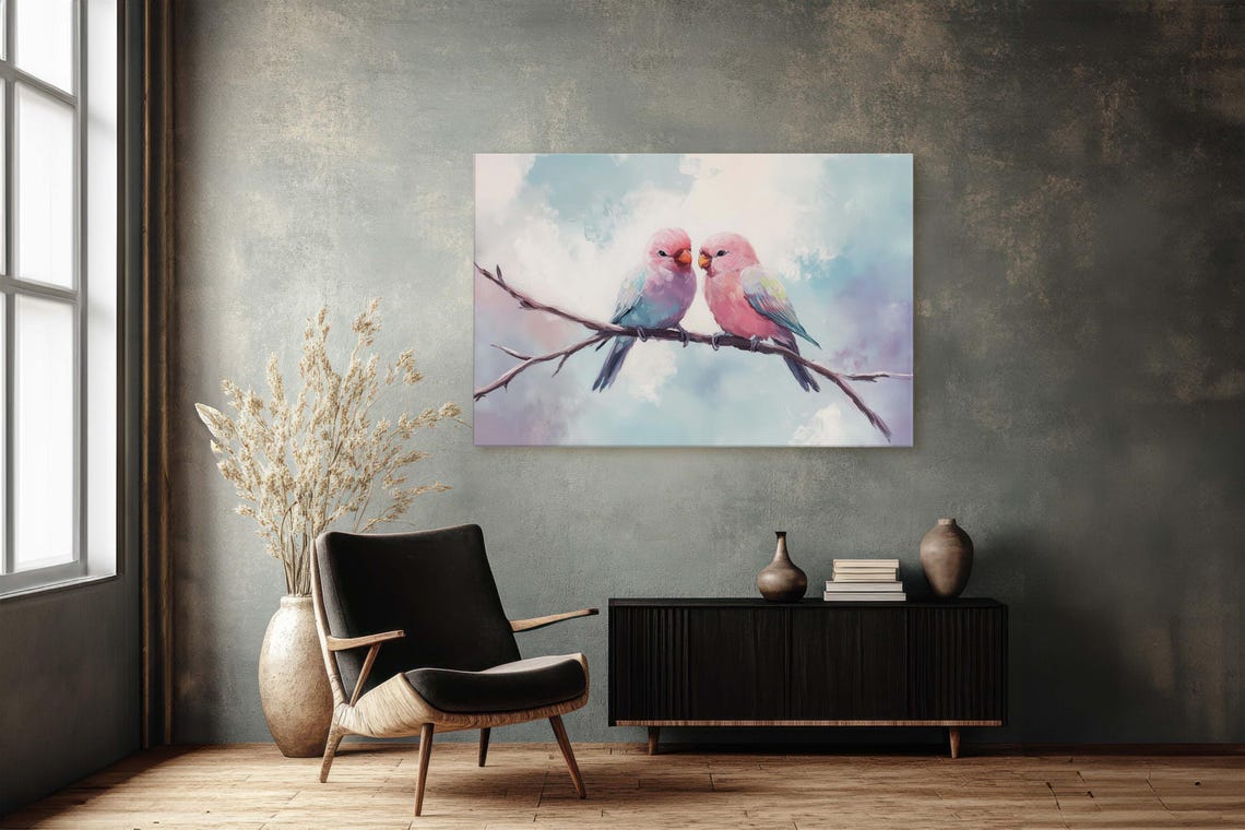 Pastel Pink Lovebirds Pair On Branch Romantic Bird Art Poster - Image 2