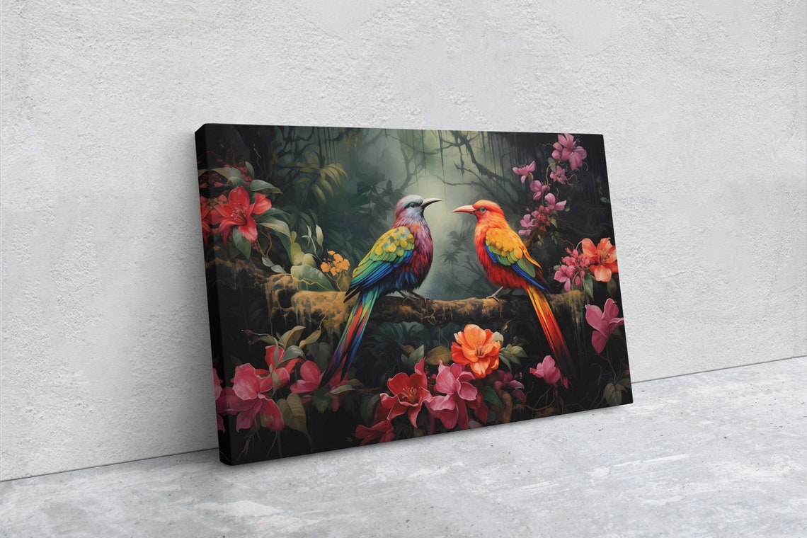 Two Colorful Tropical Birds Flowers Dark Jungle Romantic Art Poster - Image 2