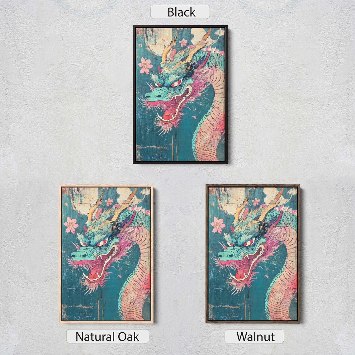 Vintage Japanese Dragon Head Cherry Blossom Teal Wood Poster - Image 2