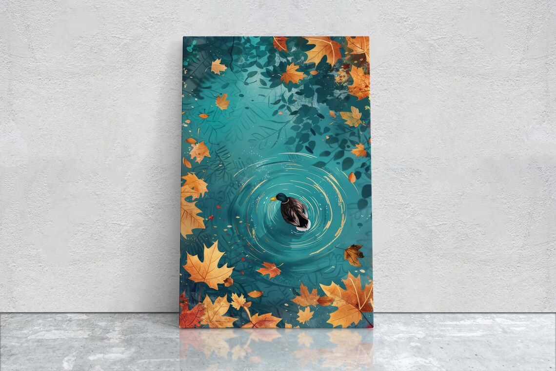 Mallard Duck Swimming in Autumn Pond Golden Leaves Fall Art Poster