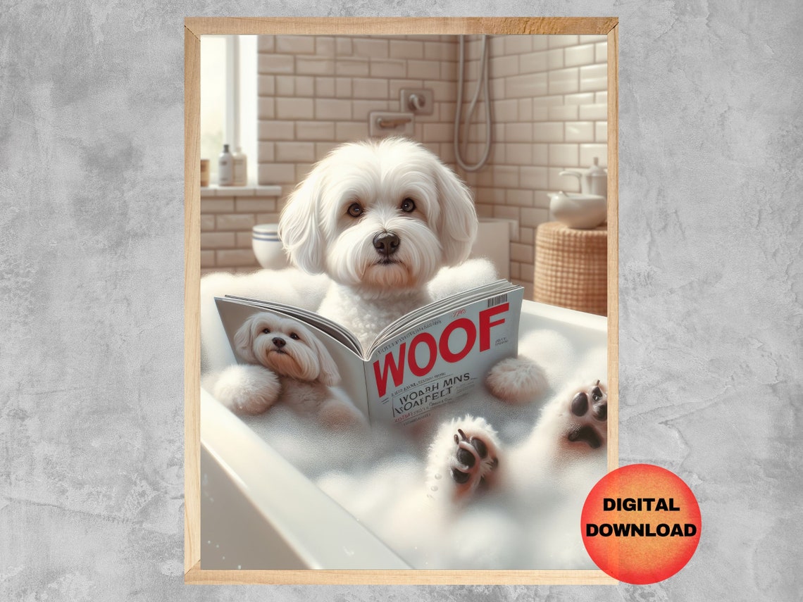 Maltese Puppy Bubble Bath Reading Woof Magazine Funny Dog Wall Art