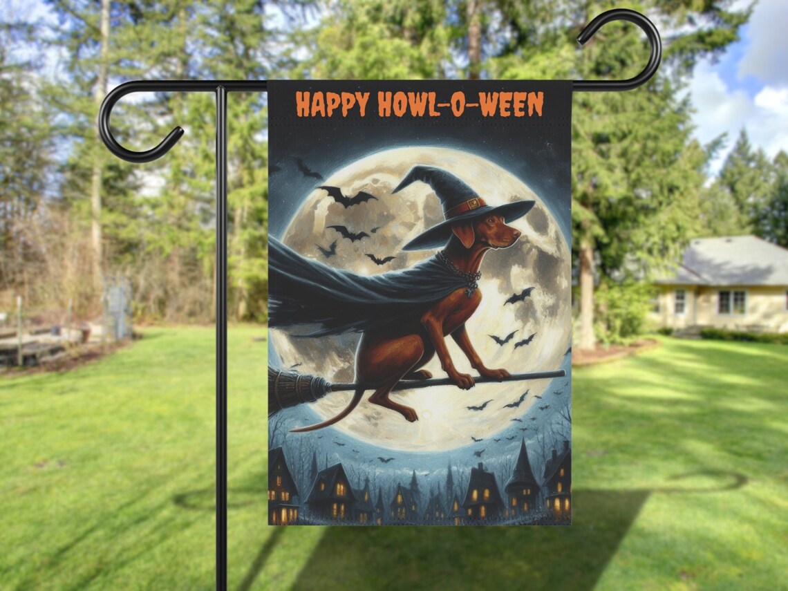 Happy Howl O Ween Vizsla Witch Broomstick Full Moon Halloween Art Poster