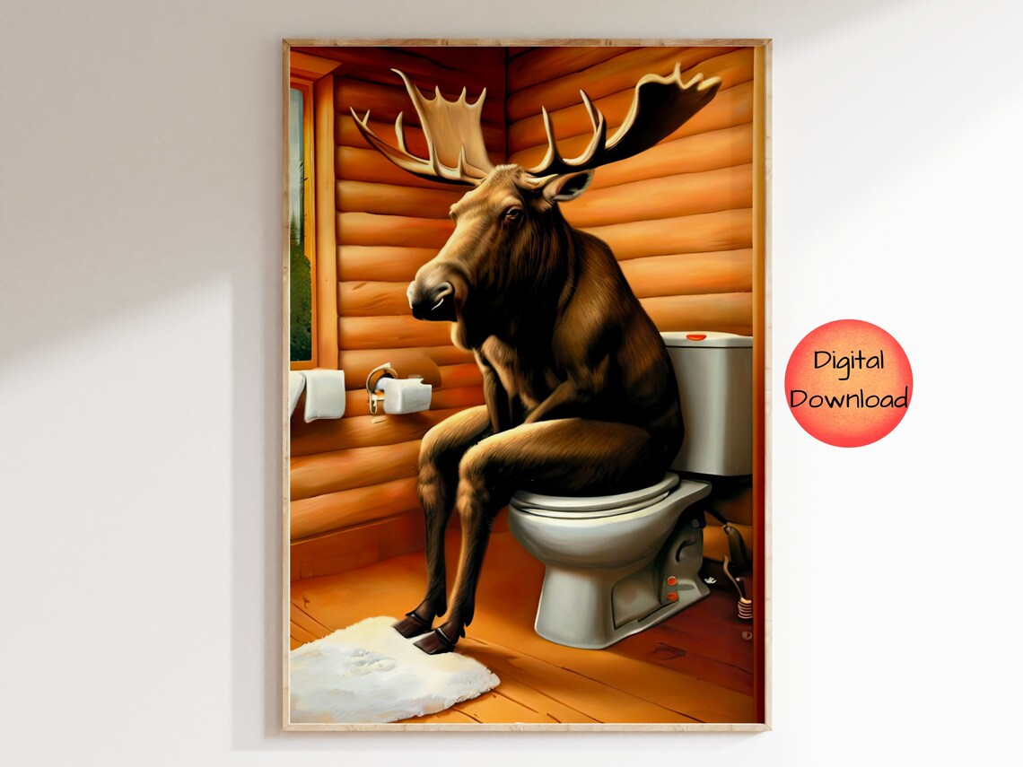 Moose Sitting on Toilet in Log Cabin Funny Wildlife Bathroom Print