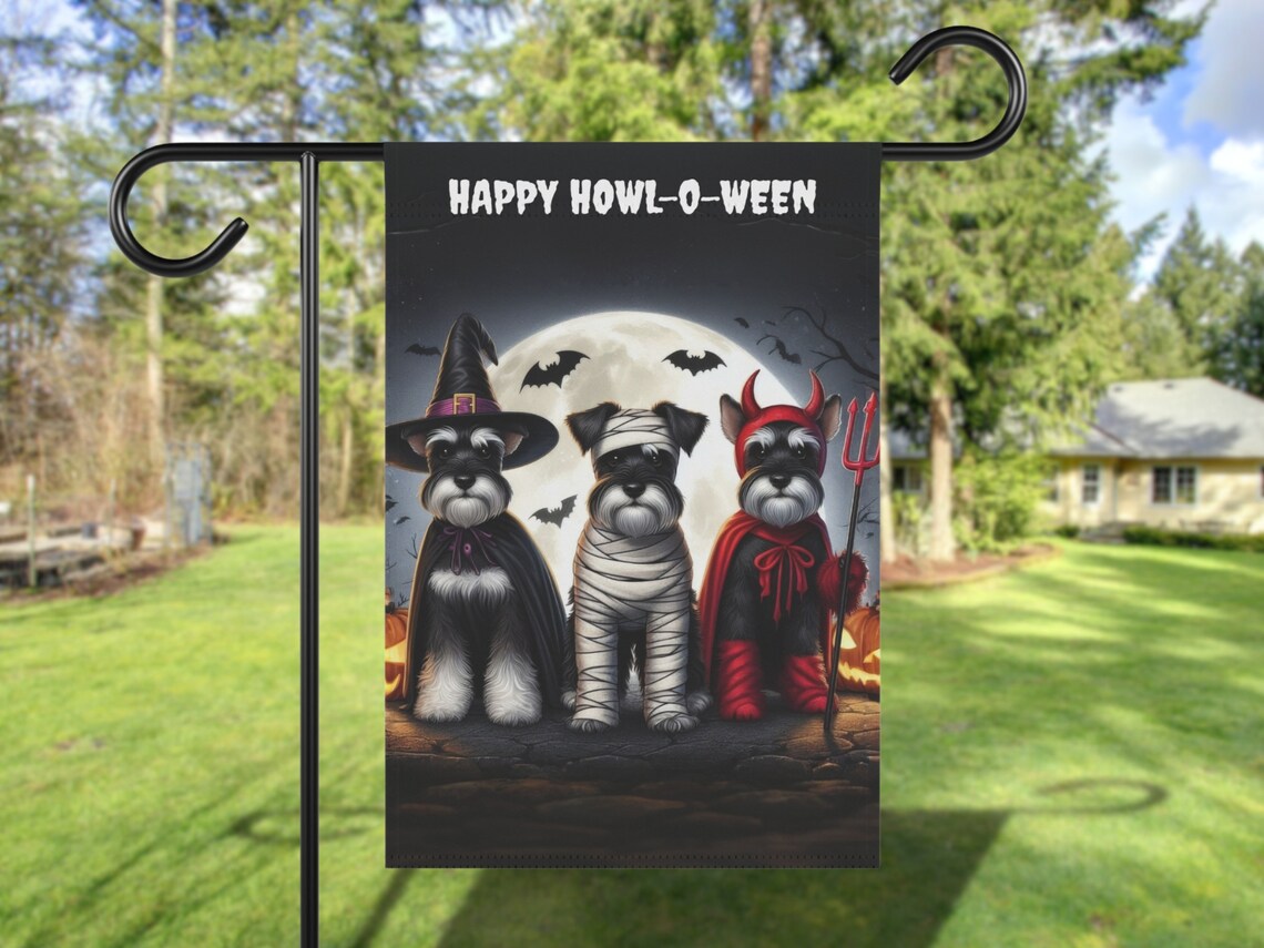 Mini Schnauzer Garden Flag, Halloween Autumn Banner