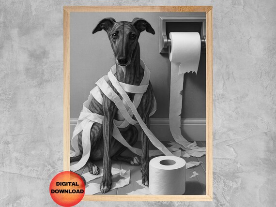 Brindle Greyhound Bathroom Wall Art Dog Humor Black And White Decor Whimsy Pet Poster Lover Gift Funny Toilet