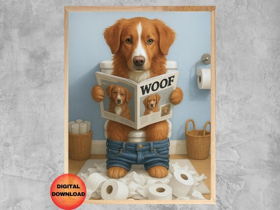 Nova Scotia Duck Tolling Retriever On Toilet Wall Art Funny Toller Bathroom Print Whimsy Animal Poster Dog Lover Gift