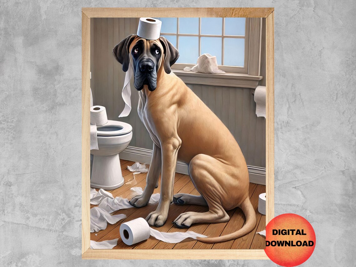 Fawn Great Dane Bathroom Wall Art, Funny Dog Art Print