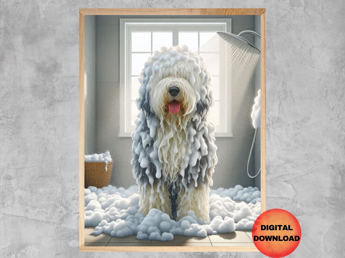 Sheepdog Bathroom Humor Art Print, Old English Dog