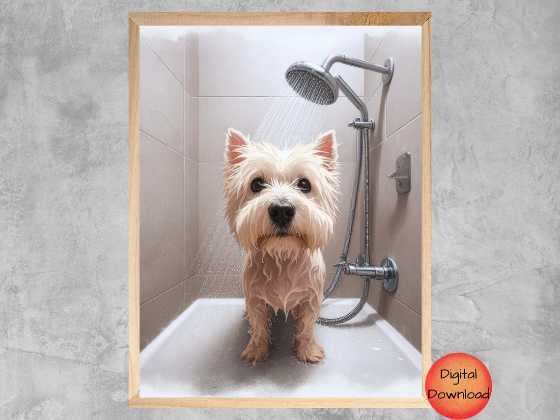 Wet Westie In Shower Funny West Highland Terrier Bathroom Decor Print